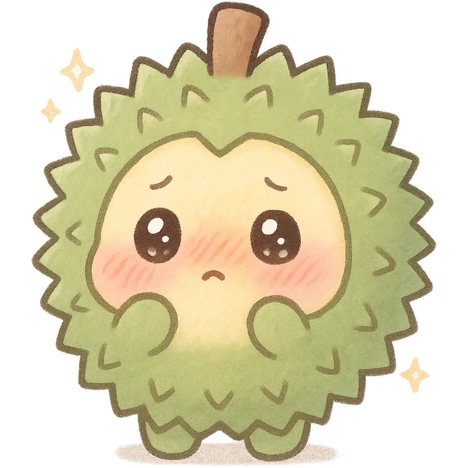 cute chibi soft fluffy durian character, round, green spiky shell, yellow flesh, blushing, shy, sparkly eyes, pastel, full-body emoji