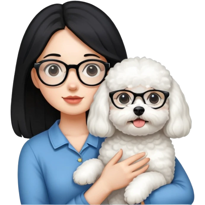 Girl with long black hair and glasses holding a white Bichon Frise dog emoji