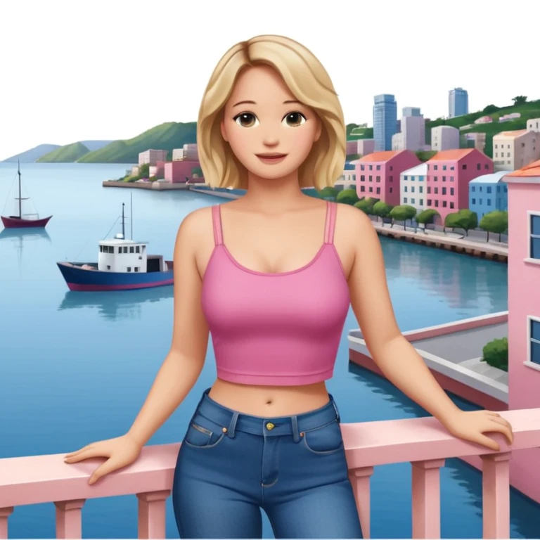 jennifer lawrence, pink crop top, and blue jeans, leaning on a balcony with a harbor and cityscape in the background, smiling emoji