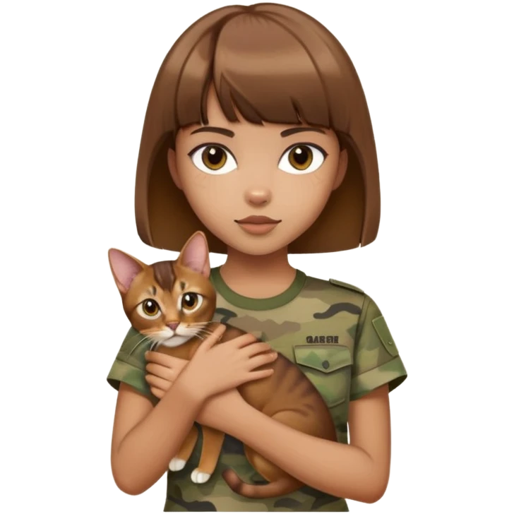 a girl with short brown hair and bangs holding an Abyssinian cat, wearing camouflage short sleeves  emoji