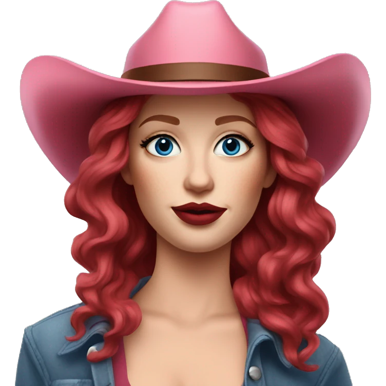 White Woman with wavy wine red hair and pale face makeup on, red lips, blue eyeshadow, and a pink cowboy hat on emoji