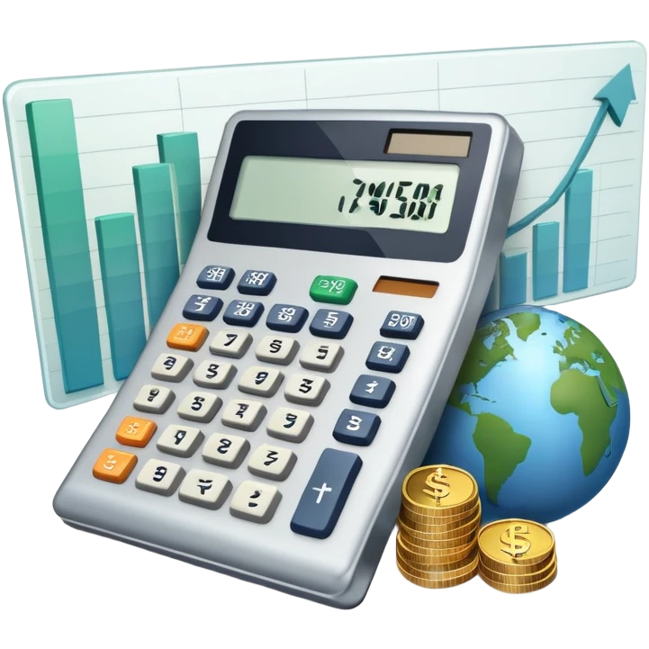 An icon featuring a calculator, a dollar sign, and a chart with upward trends, symbolizing economics. The design includes coins, bills, and a globe, representing global trade and financial systems. Transparent background highlights the study of markets, supply, and demand. emoji
