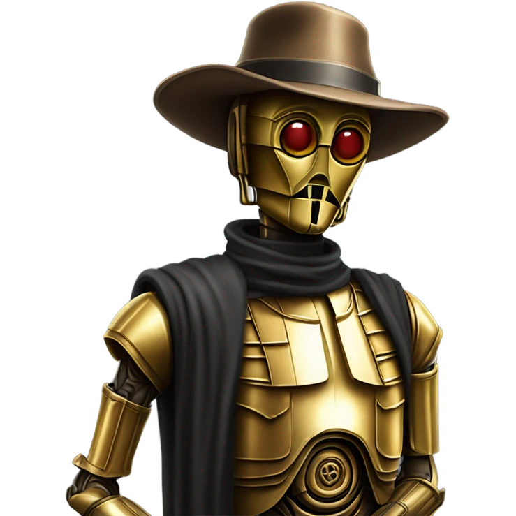 Old dirty west Bounty hunter C3po wearing small hat relaxed pose emoji
