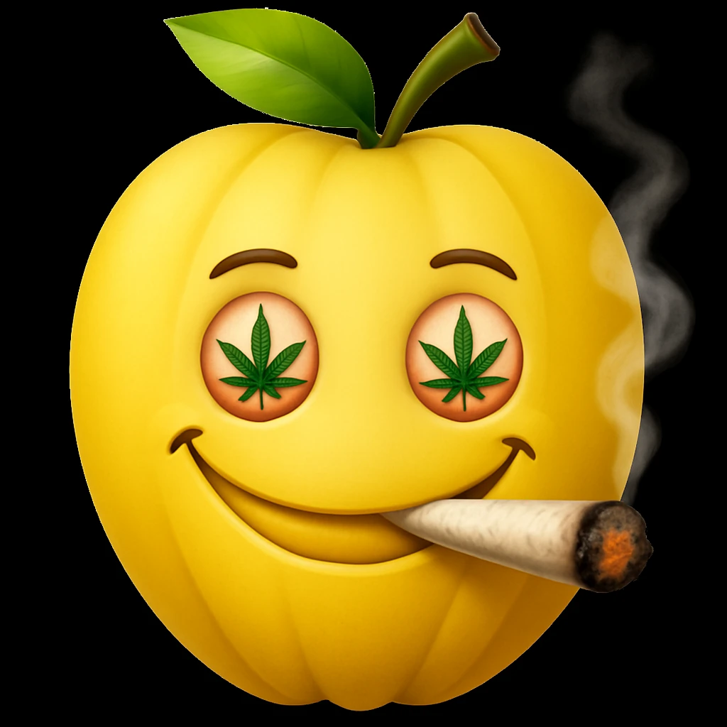 Add a cartoon joint with smoke to the smiley face made of apples as eyes and a banana as the mouth. Make it look like the face is smoking weed, keep the emoji style. emoji