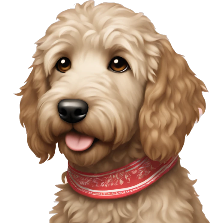 Cream colored dark brown Goldendoodle wearing a bandana emoji
