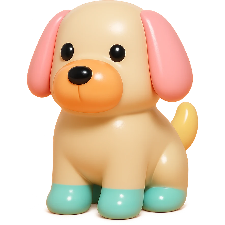               Transform {subject} into a soft vinyl figure with a smooth, glossy surface. The material should look slightly rubbery and tactile, with minimalistic curves and a matte-gloss hybrid finish. Use pastel or soft solid colors. The surface is seamless, with no visible textures or roughness. Studio lighting, vibrant background, clean, playful, designer toy aesthetic and no shadows. {subject} = dog emoji