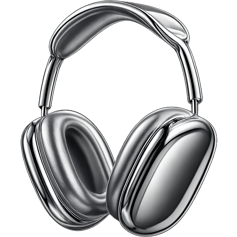 Isolate the headphones from the group and transform them into a 3D chrome metallic style, keeping all preset colors and details, highly reflective and shiny, no background. emoji