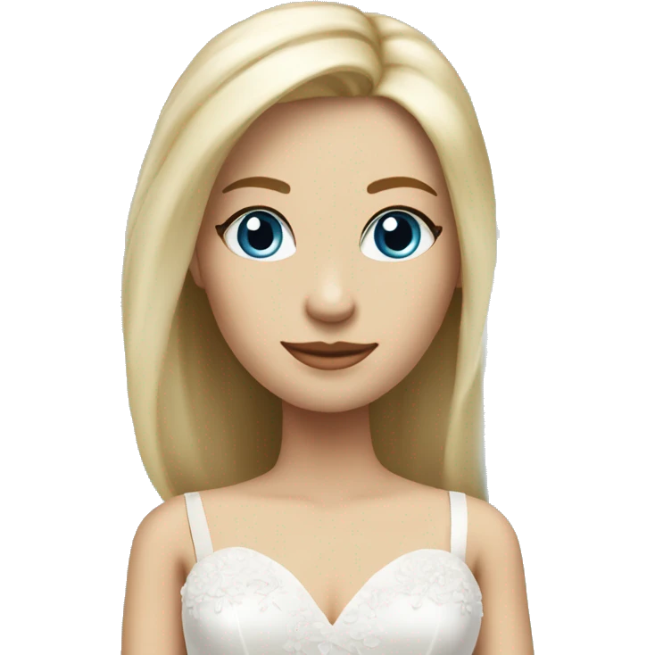 Full length photo of bride with shoulder length straight blonde hair and blue eyes.  emoji
