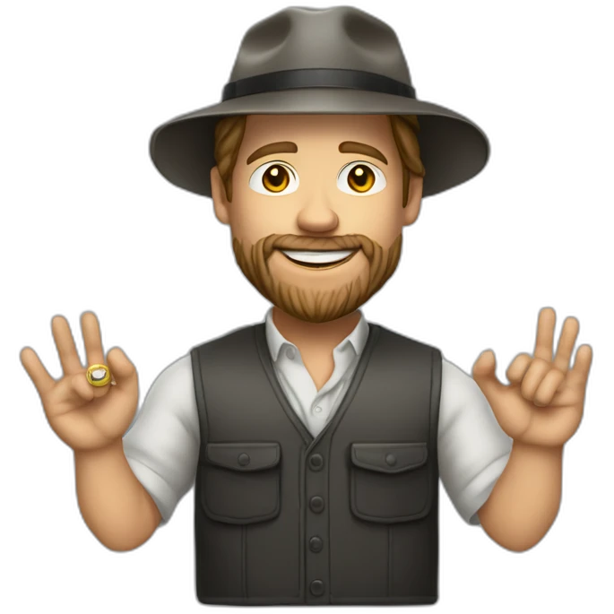 small businessman,Bucket Hat,smile, Brad Pitt, rings on his fingers, beard, vest, realistic emoji