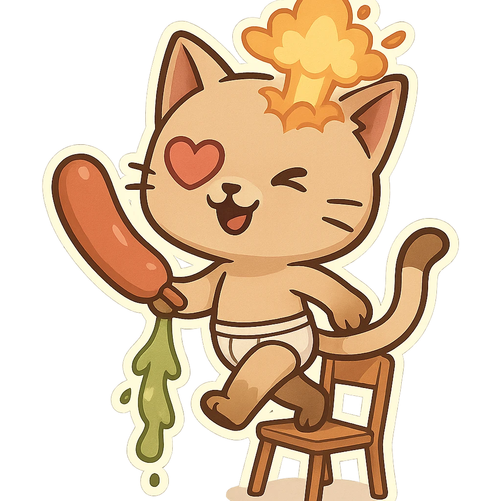 cartoon cat walking on a chair, holding a giant sausage, one heart-shaped eye, green vomit coming from its leg, exploding head, wearing underwear emoji