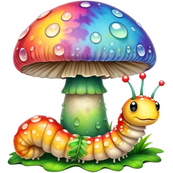 Tie dye mushroom with dew and a cute caterpillar  emoji