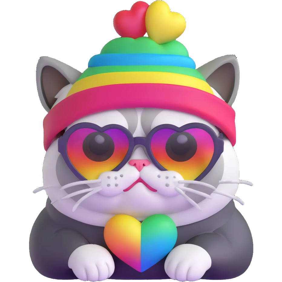 grumpy cat wearing a rainbow beanie and heart-shaped sunglasses emoji