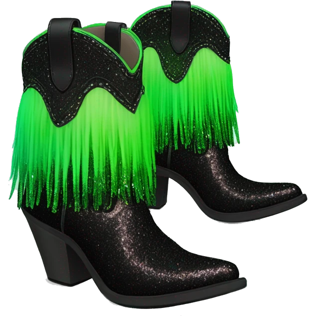 Realistic neon green to black ombre pair of fashion cowgirl boots with sparkly shiny glitter fringe on them. emoji