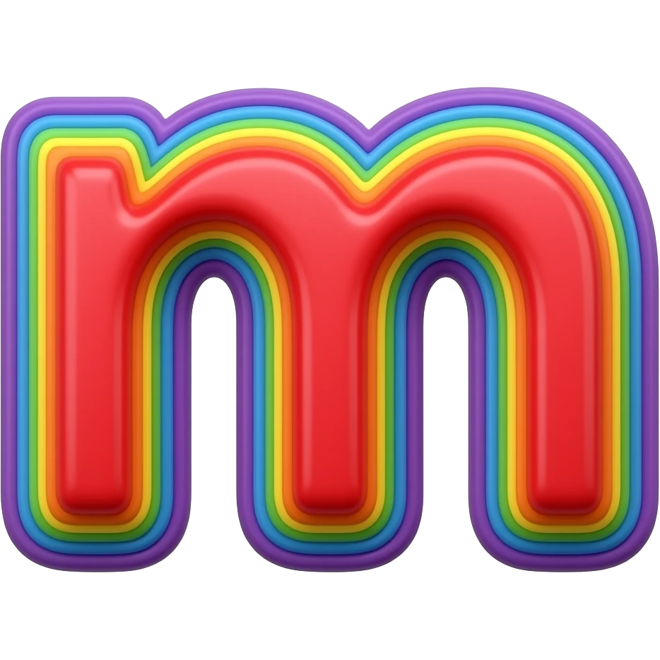 name "m" in raspberry red 3D style typography lettering, each color of the rainbow as a border outlined around each letter, isolated, 3d rendering, no emoji icons no emoji faces and must have no human figures emoji