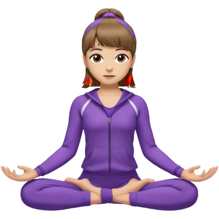 Девушка с короткими волосами до плеч русого цвета, посередине головы есть чёлка, с черными бровями, карие глаза, у неё фиолетовый спортивный костюм, она занимается йогой  emoji