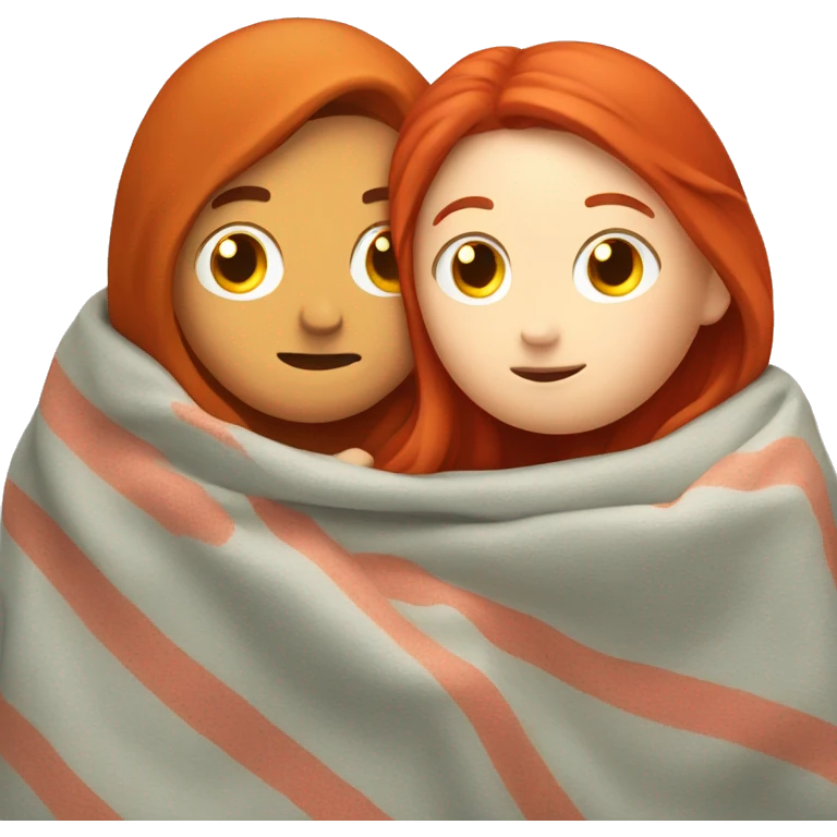 Moustache boy hugs a red hair girl, under a blanket emoji