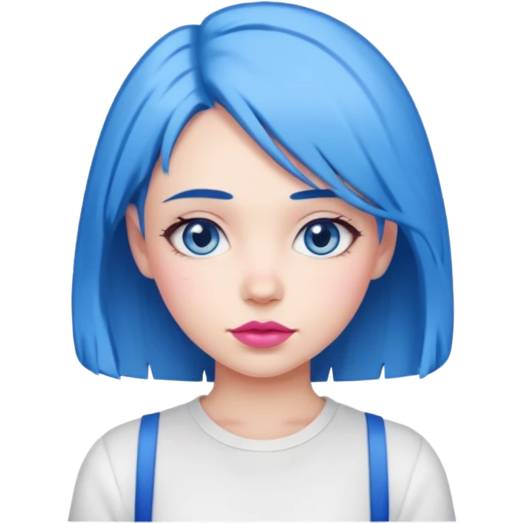 girl with blue hair to shoulders, blue eyes, pink lips, wearing a white shirt emoji