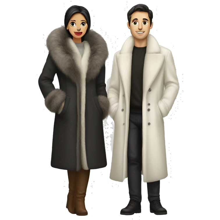 Dark haired White couple in long fur coats emoji