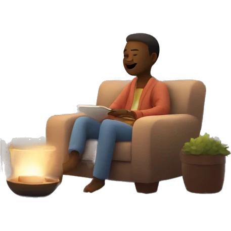 An image of a person relaxing on a comfy chair with a blanket, a cup of tea, and soft lighting, creating a peaceful atmosphere emoji