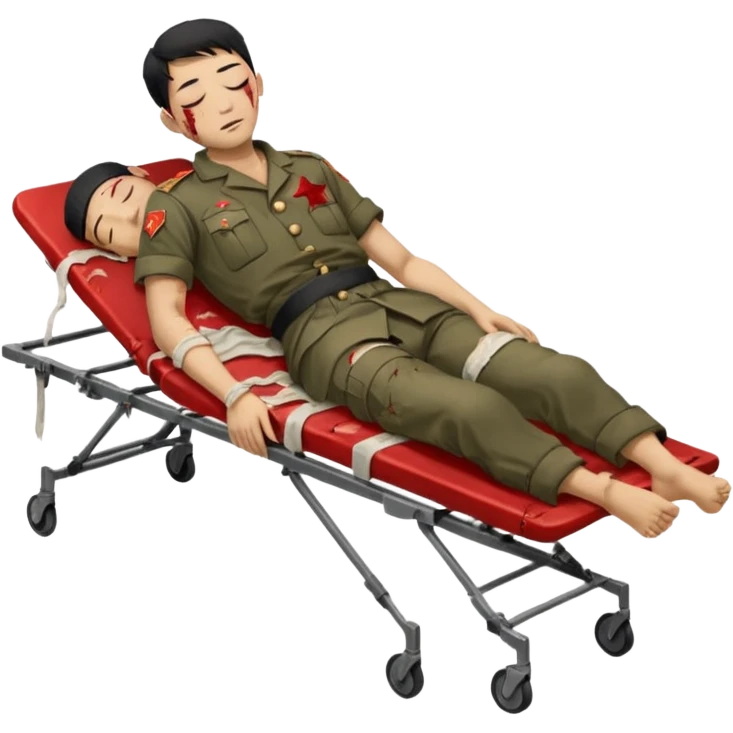 wounded man of oriental appearance, dressed in torn clothes, full length, with closed eyes, head lying on stretcher, in prone position, with injuries on black military stretcher, 1980 emoji