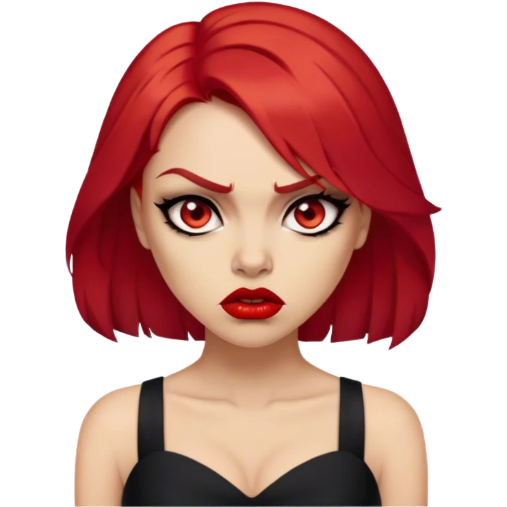 a beautiful very angry woman with red hair and red eyes. The woman wear a black little cutted dress. She have red lipstick and she have a seductive look. Angry face emoji