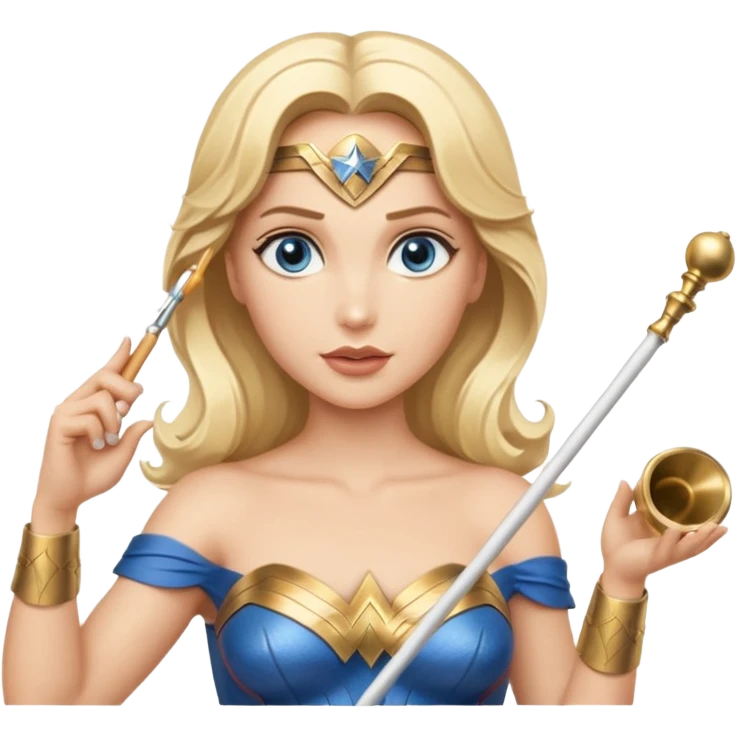 Blonde blue eyed Wonder Woman holding white orchestra conductor’s baton and bell emoji