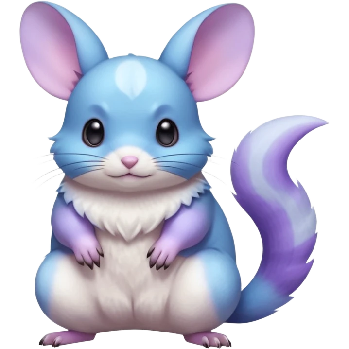Light-pastel-Cyan-white-blue-gradients rodent-chinchilla-Minccino-Pokémon-Fakémon-fusion-hybrid-Pokémon-animal-creature, full body with purple-violet-pinkish round cheek markings  emoji