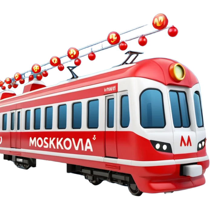 Apple iOS style 3D emoji of a
Moscow Metro train (modern
"Moskva-2020" model) decorated for
New Year. The train has a large red Santa hat on its front and is wrapped in glowing LED garlands. A bright iconic red letter
"M" logo is positioned next to it. Smooth glossy plastic, soft 3D render,  emoji