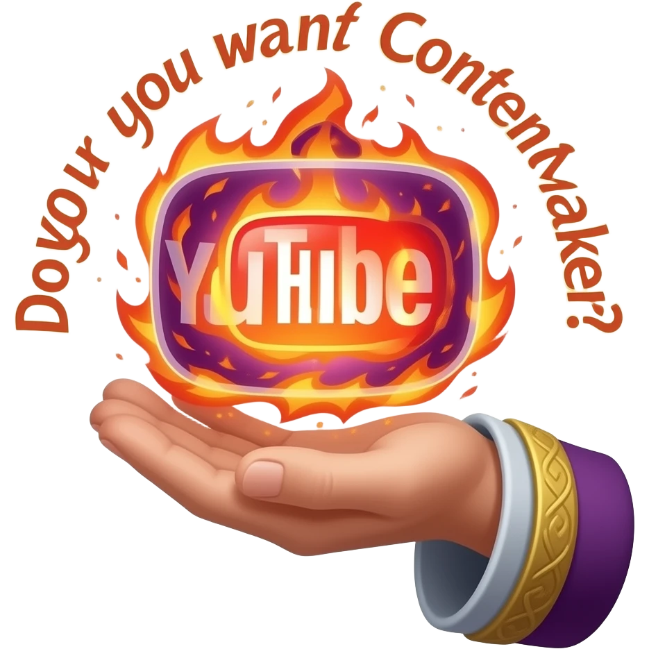 A wizard’s hand holding a glowing, magical YouTube logo like a fire spell.  text "Do you want Content Maker?". High fantasy, mystical particles, clean white background, sticker style emoji