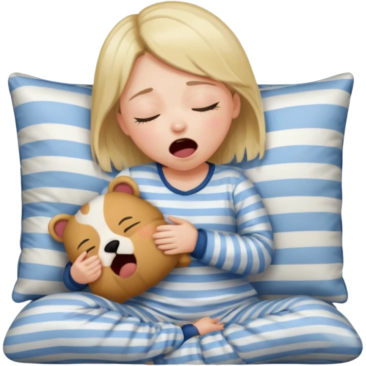 {
      "type": "human",
      "look": "girl in striped pyjamas, yawning, holding pillow",
      "description": "a sleepy girl in striped pyjamas yawning while holding a pillow"
    } emoji