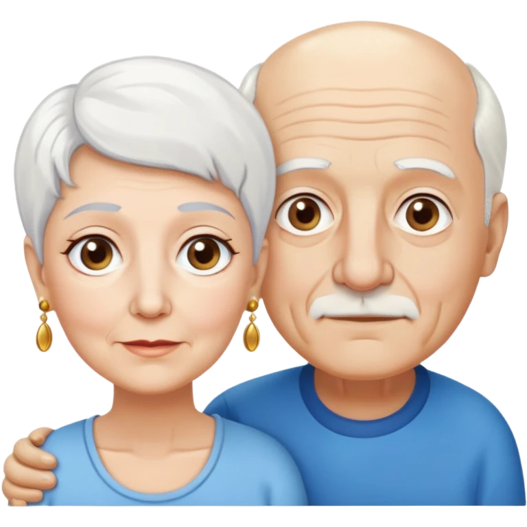 Una abuela italiana blanca con ojos marrones, cabello corto blanco y aretes de oro,  junto a su esposo abuelo de piel blanca italiano con pelo blanco casi calvo y ojos color azul  emoji