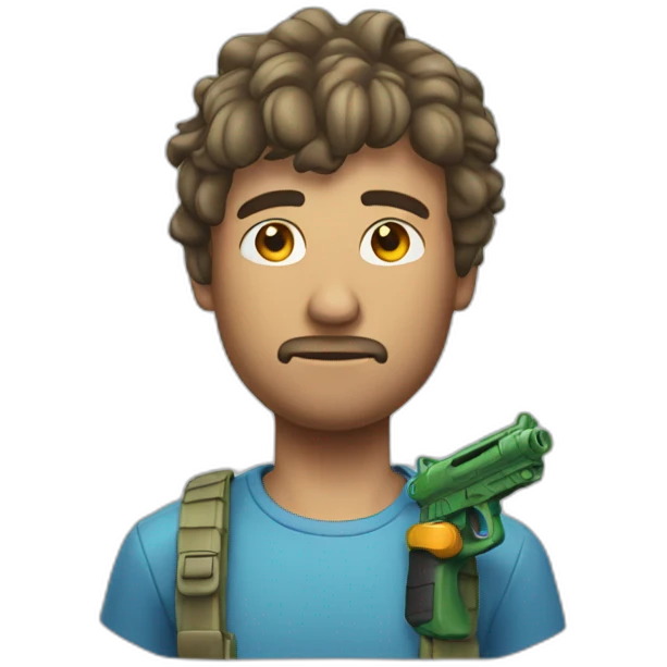Man with water pistol attached to the side of his head emoji