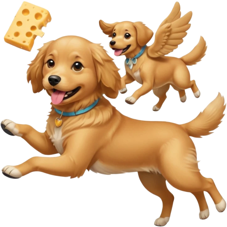 A dog with girls wearing cheese with shoes in his mouth and flying emoji