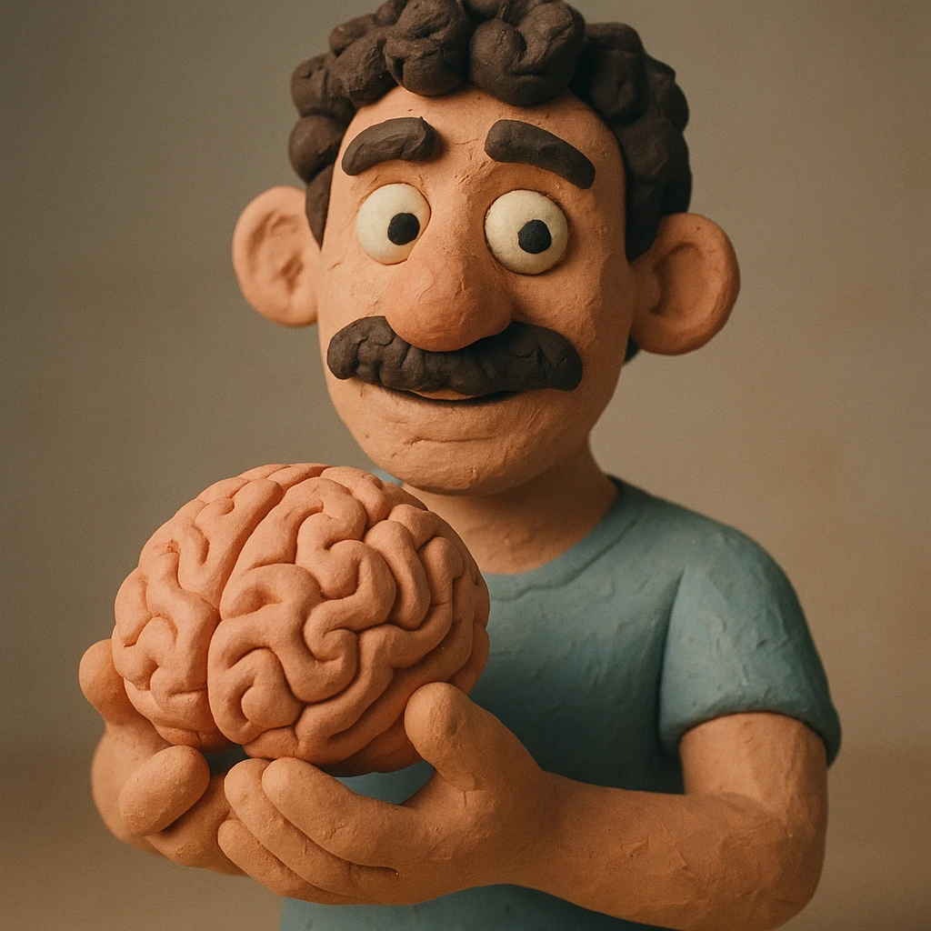 Enhance the claymation man holding a brain by adding more depth and dimension to the image. Make him more attractive and quirky, inspired by the first version, with dark curly hair, thick mustache, light skin, claymation style, visible fingerprints, and pastel colors. emoji