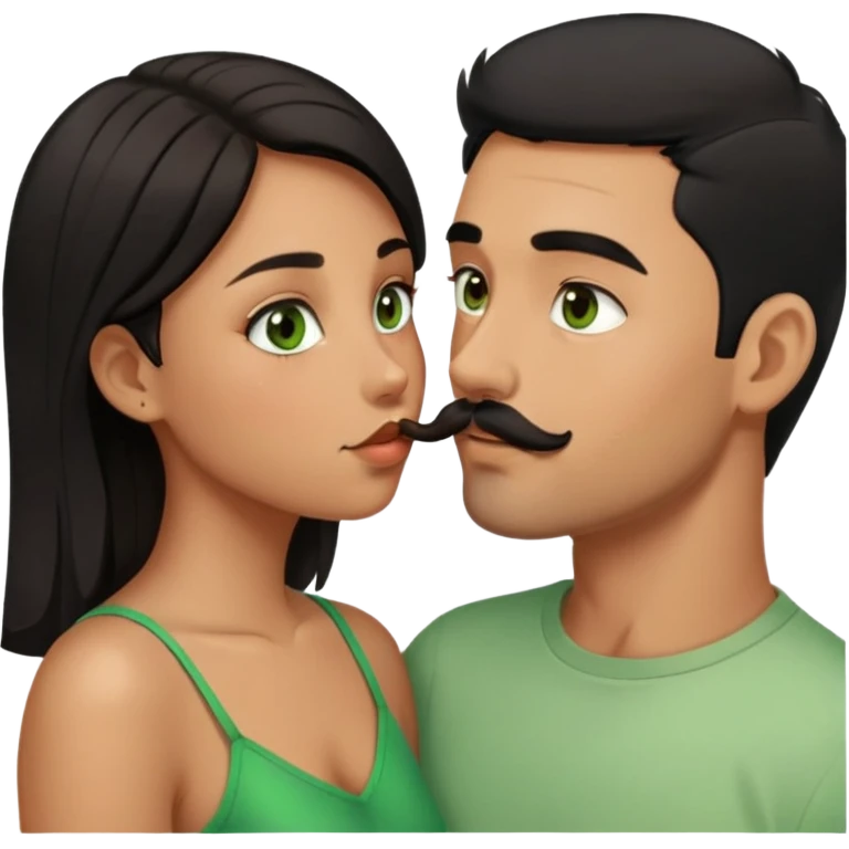 Boy with short beard and mustache and black hair brown eyes kinda tan kissing girl brown hair green eyes a little tan emoji
