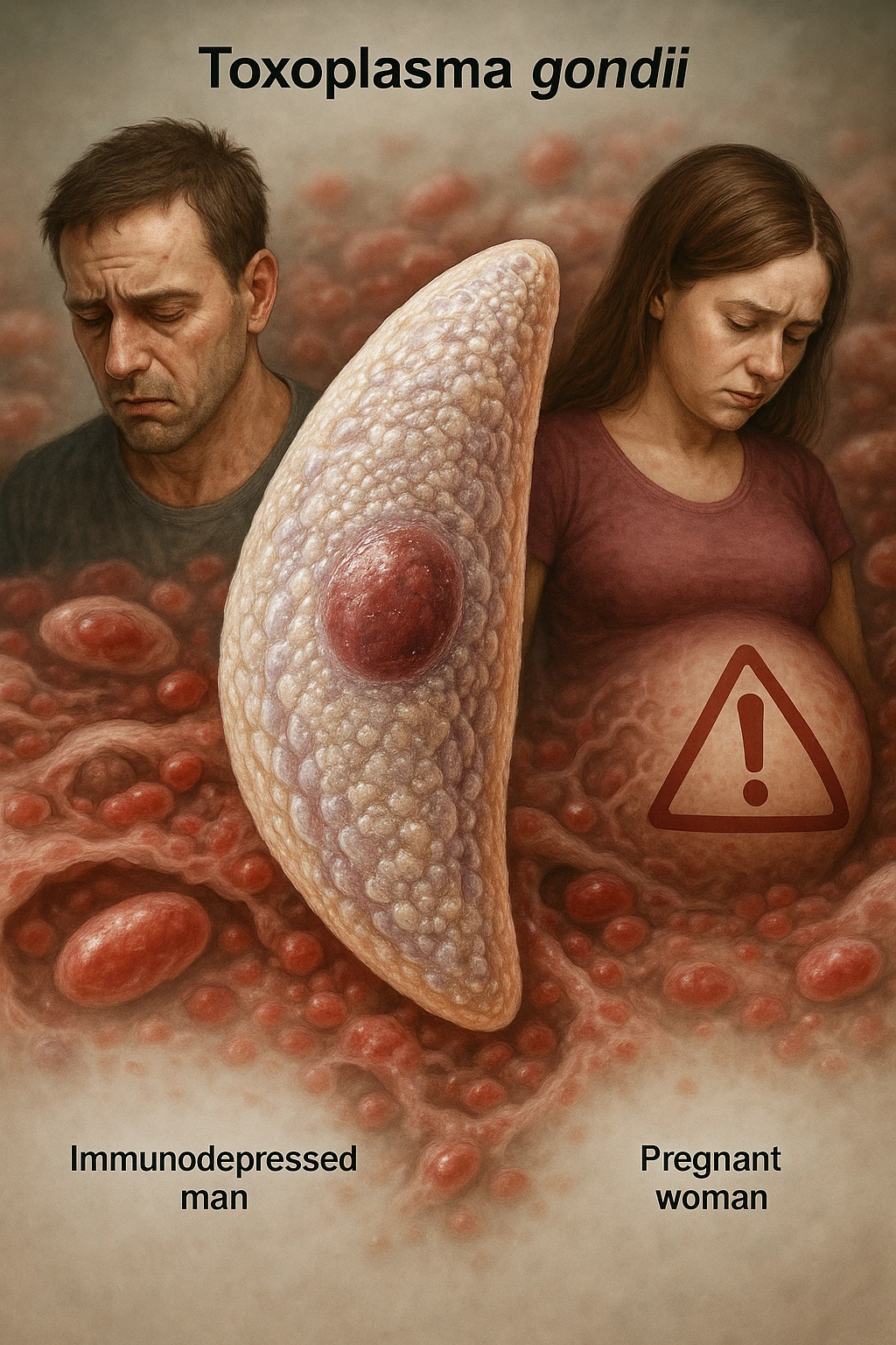 Toxoplasma gondii, infetta uomo immunodepresso e donne incinta. Causando gravi problemi tutto scritto in italiano immagine iperrealistica emoji