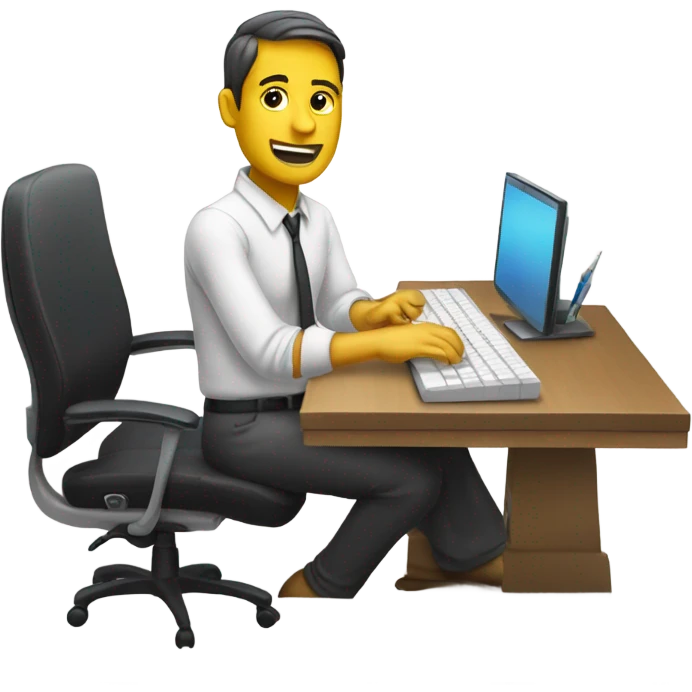 yellow skin man using white keyboard on desk wearing white button down shirt front view emoji