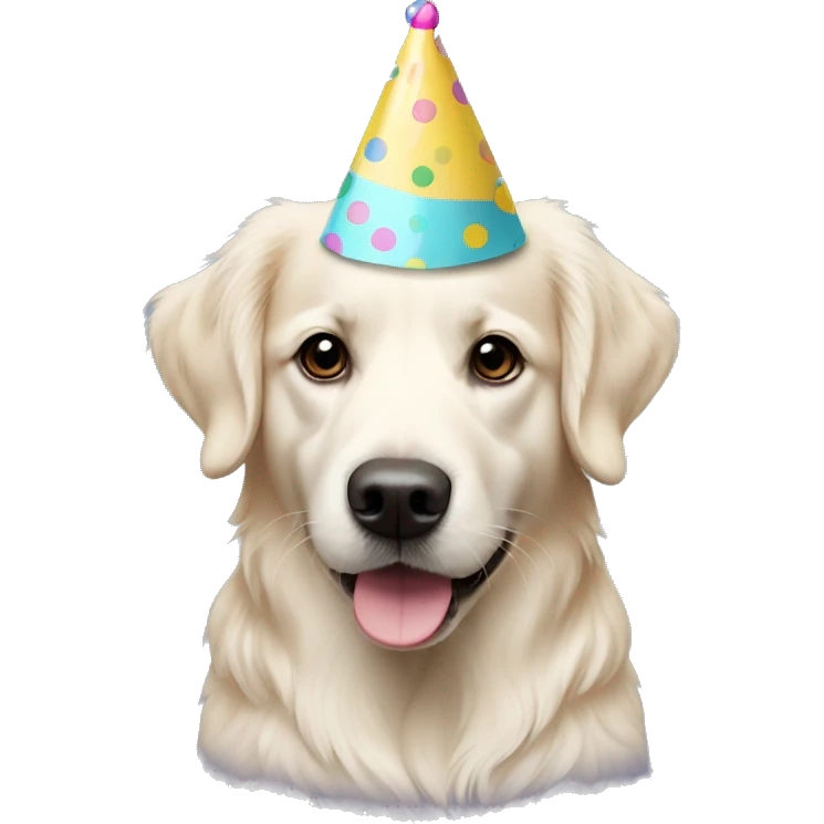 White golden retriever wearing polka dot party hat emoji