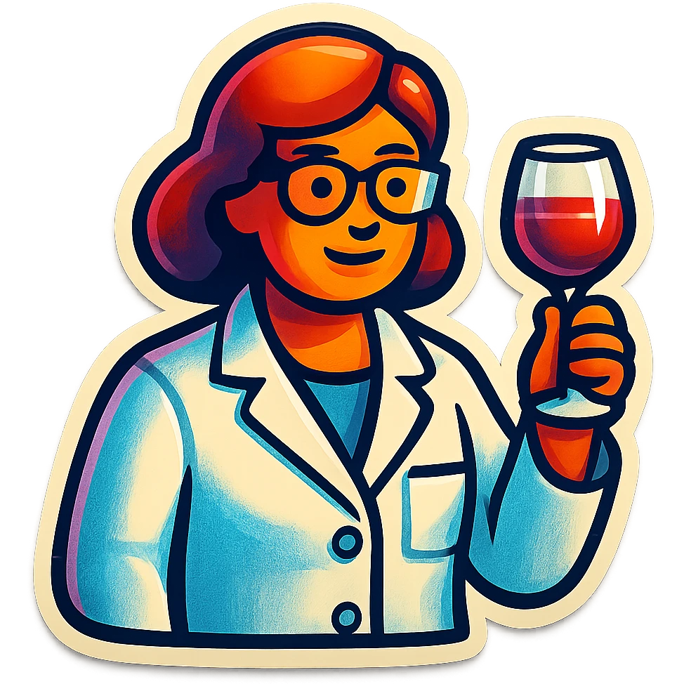 A sticker of a female scientist with a glass of wine emoji