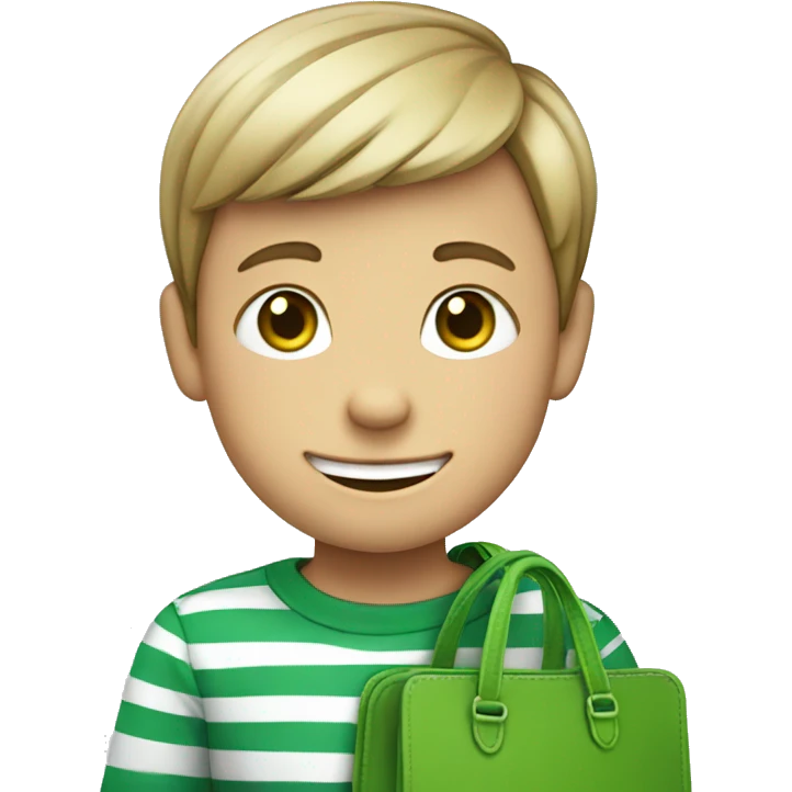 smiling boy in striped shirt with green bag emoji