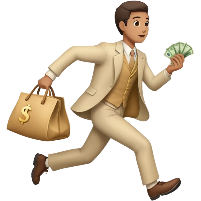 Man in costume, holding a bag money, side view, male, running away emoji