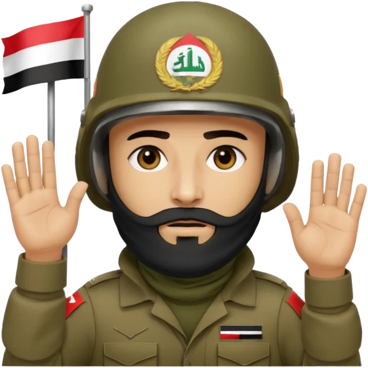 surrenders, depicts an Iraqi soldier from 1980, with a beard, in a helmet, a helmet with sign flag Iraq, with a balaclava, with sad eyes and both hands raised up emoji