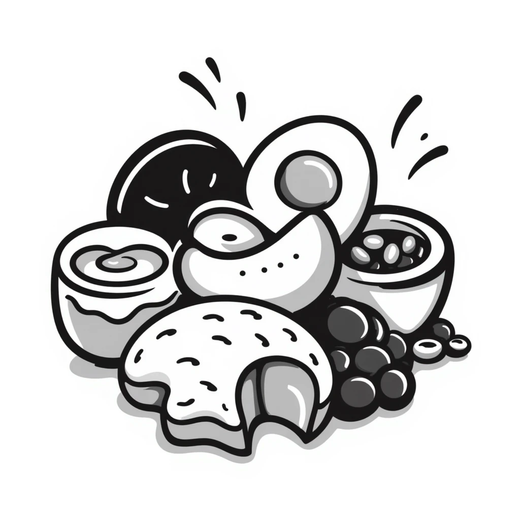 Close up of protein foods (meat, egg, beans, tofu, yogurt) connected together in a unified cluster, glowing with energy, floating in a warm light. emoji