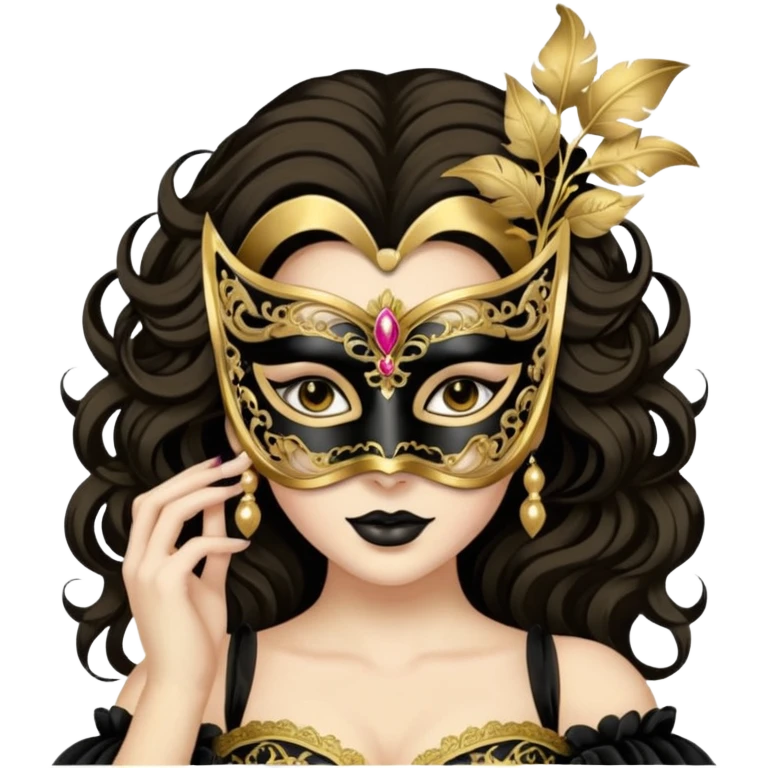 A woman in an ornate gold masquerade mask and elegant outfit, holding the mask delicately. emoji