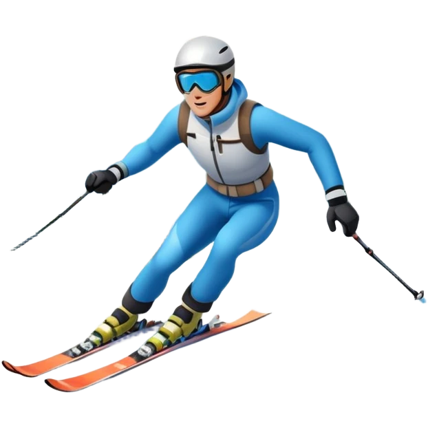 An icon featuring a skier racing down a snow-covered slope, surrounded by snowy peaks, pine trees, and a picturesque mountain landscape. The sky is blue with soft clouds, capturing the thrill and beauty of alpine skiing. Transparent background  emoji