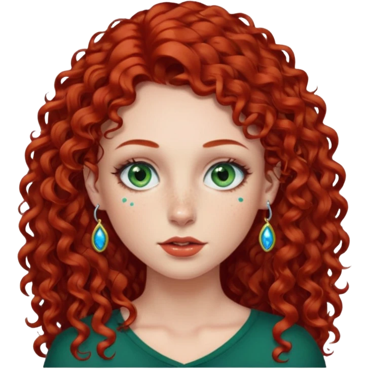 Red curly long hair with side fringe woman, pale skin, green/blue eyes, lower right lip piercing stud, nostril nose stud emoji