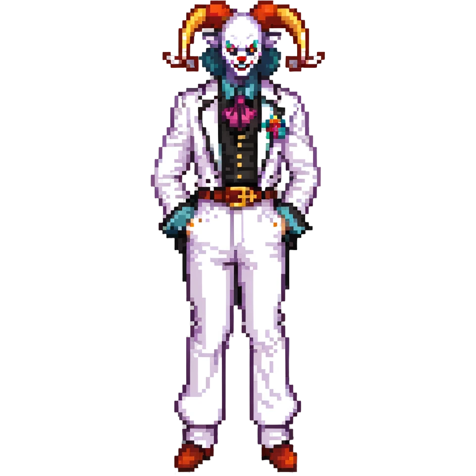 full-body demonic clown in a white leisure suit with bellbottom pants, bald, with black ram horns, flashy belt, ruffled shirt, no neck tie emoji