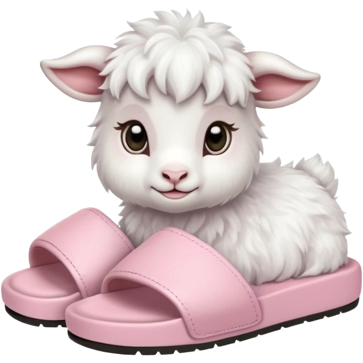 a baby goat emoji wearing pastel pink chunky slides emoji