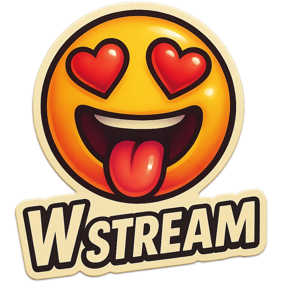 mouth open with tongue out heart shaped eye add the words “ W Stream " in White emoji