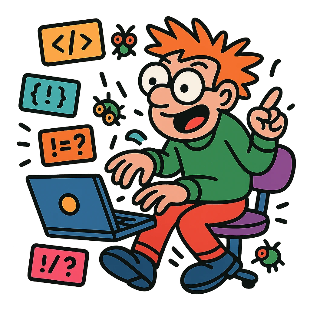 wacky programmer with buggy code flying around emoji